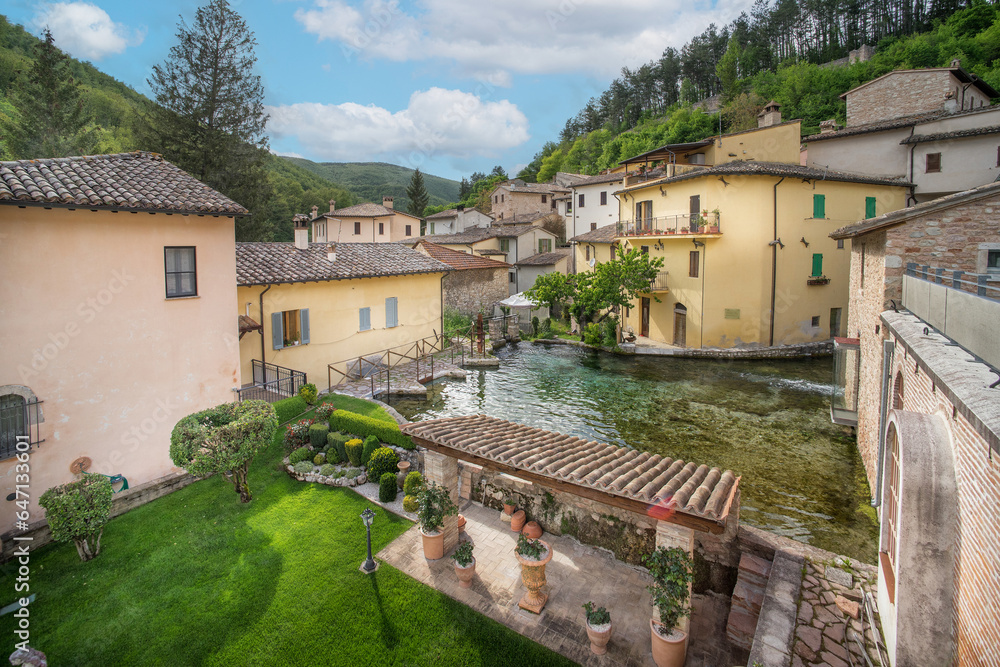Fototapeta premium pool of the ancient urban centre of Rasiglia, Umbria, Italy, Rasiglia, Italy, 18 May 2021