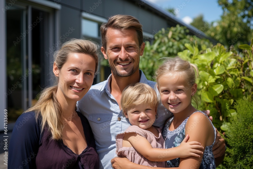 A happy family in front of their dream home. housing and the real estate market.'generative AI' A happy family in front of their dream home. housing and the real estate market.'generative AI'