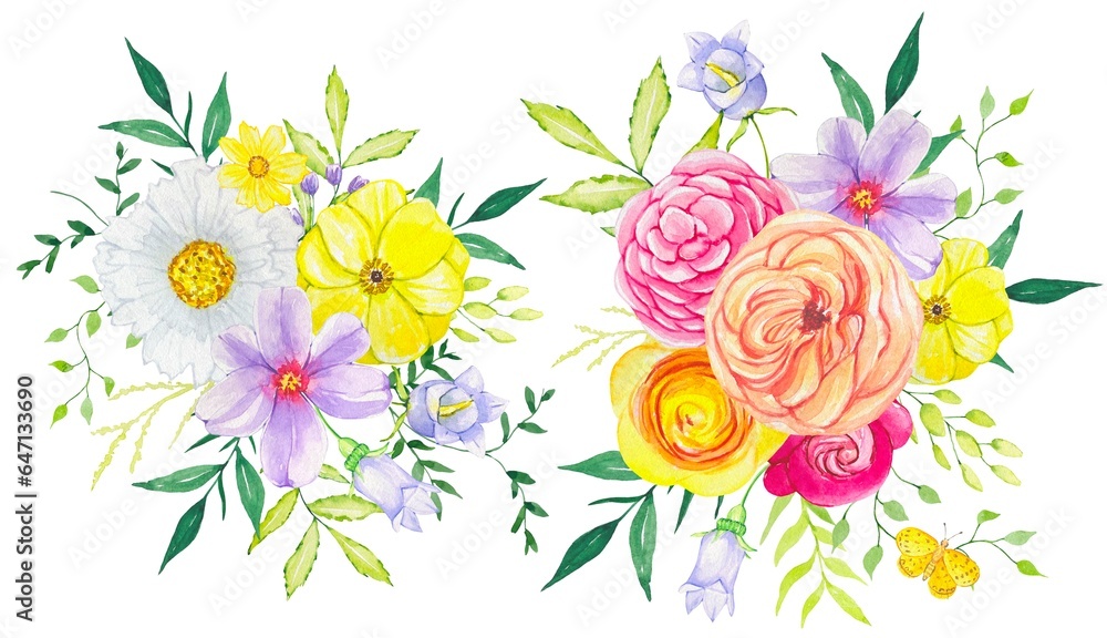 Floral watercolor compositions of bright flowers on a white background ,bright bouquet