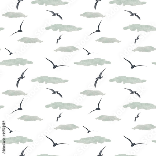 Seamless pattern with abstract clouds and birds, watercolor