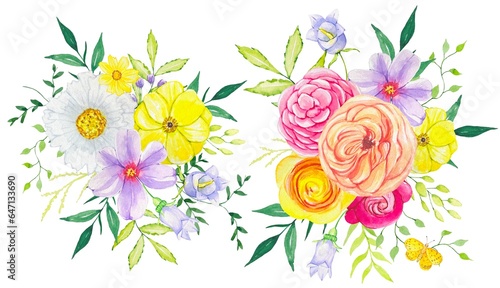 Floral watercolor compositions of bright flowers on a white background  bright bouquet