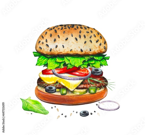 Hand drawn burger  watercolor food illustration.