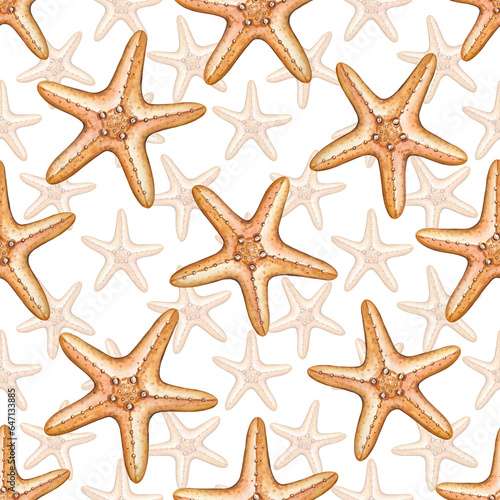 Seamless pattern with watercolor starfish on a white background