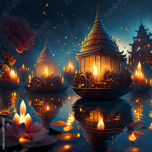 Loy Krathong festival in Thailandrated with flowers and candles