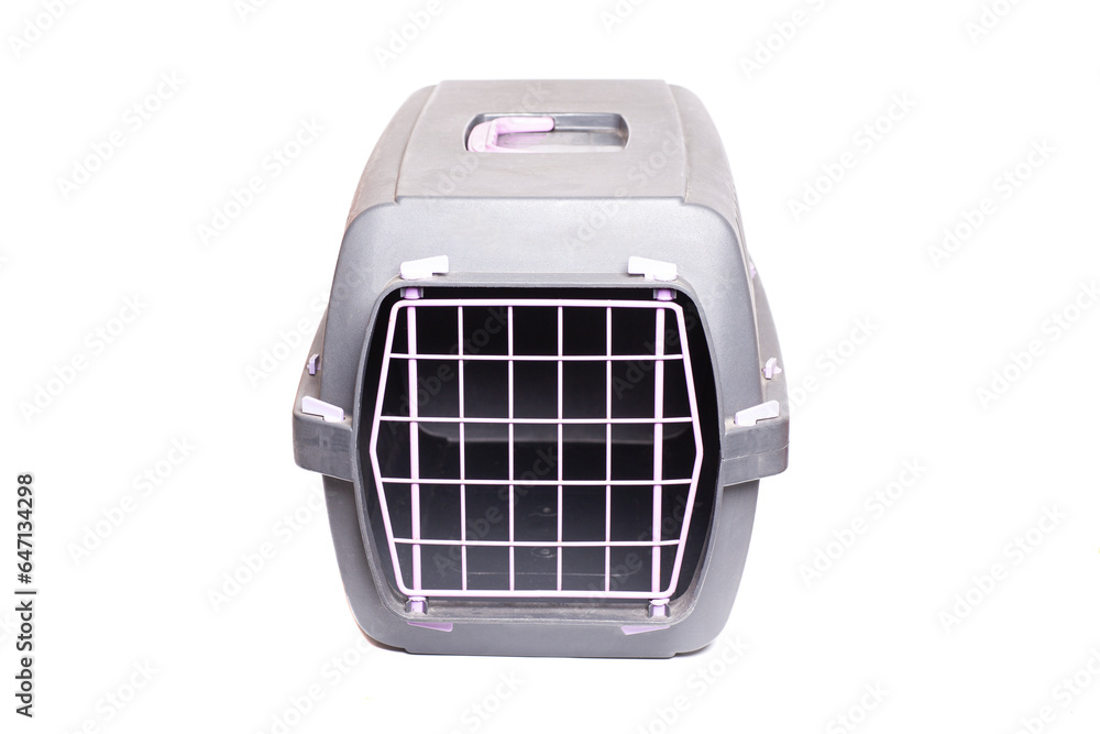 Pet carrier. Plastic carrying case for traveling with pets or visiting veterinarian. Animal transportation box or kennel. Pet carrier. Plastic carrying case for traveling with pets or visiting veterinarian. Animal transportation box or kennel.