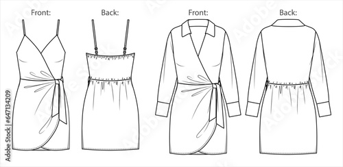Vector wrap long sleeved mini dress fashion CAD, woman v-neck short dress with bow technical drawing, template, flat, sketch. Jersey or woven fabric 2 pcs set dress with front, back view, white color photo