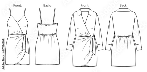 Vector wrap long sleeved mini dress fashion CAD, woman v-neck short dress with bow technical drawing, template, flat, sketch. Jersey or woven fabric 2 pcs set dress with front, back view, white color