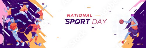 sport background, national sports day celebration concept, with abstract geometric ornament and illustration of sports athlete football player, badminton, basketball, baseball, tennis, volleyball	