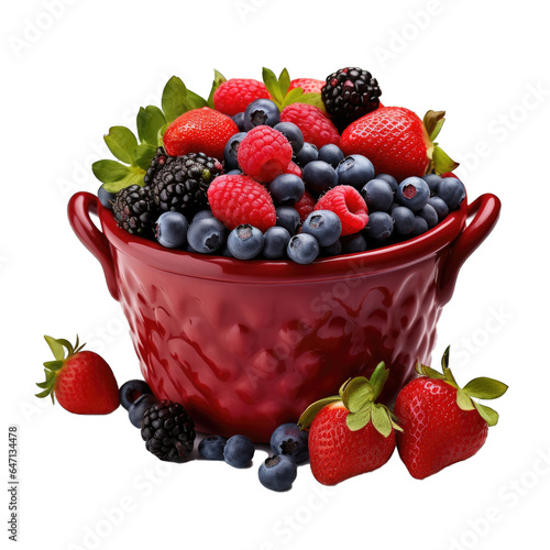 Berry mix  raspberries  strawberries  and blueberries in a ceramic basket isolated on transparent background