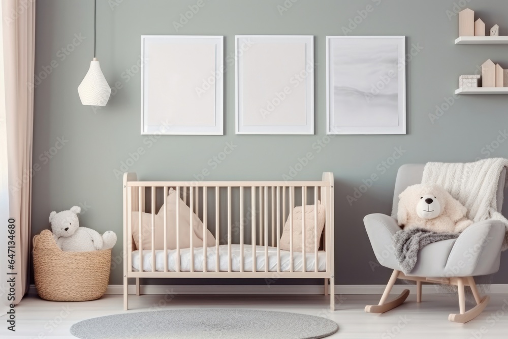 Obraz na płótnie Modern minimalist nursery room in scandinavian style. Baby room interior in light colours, Generative AI w salonie