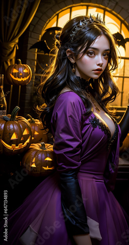 Beautiful witch in black gothic Halloween costume. Halloween concept background. Beautiful girl halloween theme.