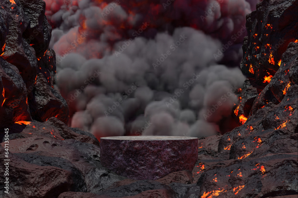 Abstact 3D render Platform backgrond, Stone podium on the lava and magma with rocks smelt in volcano, Backdrop Explosive volcanic smoke for product display, showcase, mock up, presentation or etc Abstact 3D render Platform backgrond, Stone podium on the lava and magma with rocks smelt in volcano, Backdrop Explosive volcanic smoke for product display, showcase, mock up, presentation or etc
