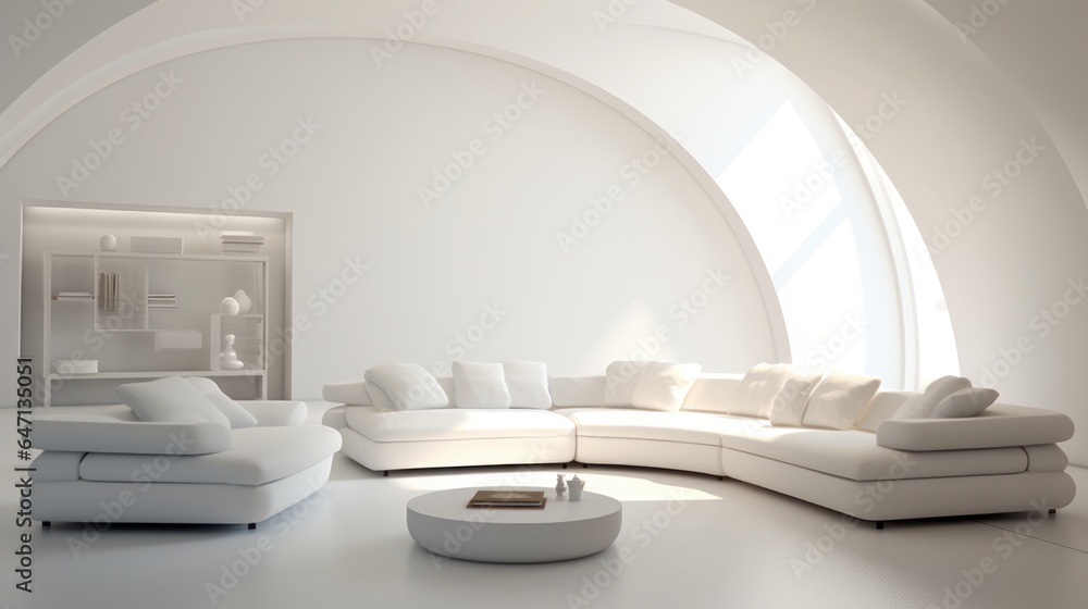 Curved white sofa in room with arch Curved white sofa in room with arch