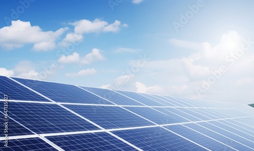 eco technology solar panel with sun and blue sky background. concept clean energy in nature  Generative AI