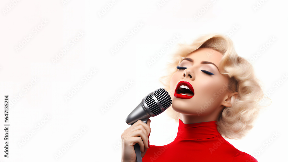Blonde singer with red lipstick and red turtleneck sings into a retro microphone Blonde singer with red lipstick and red turtleneck sings into a retro microphone