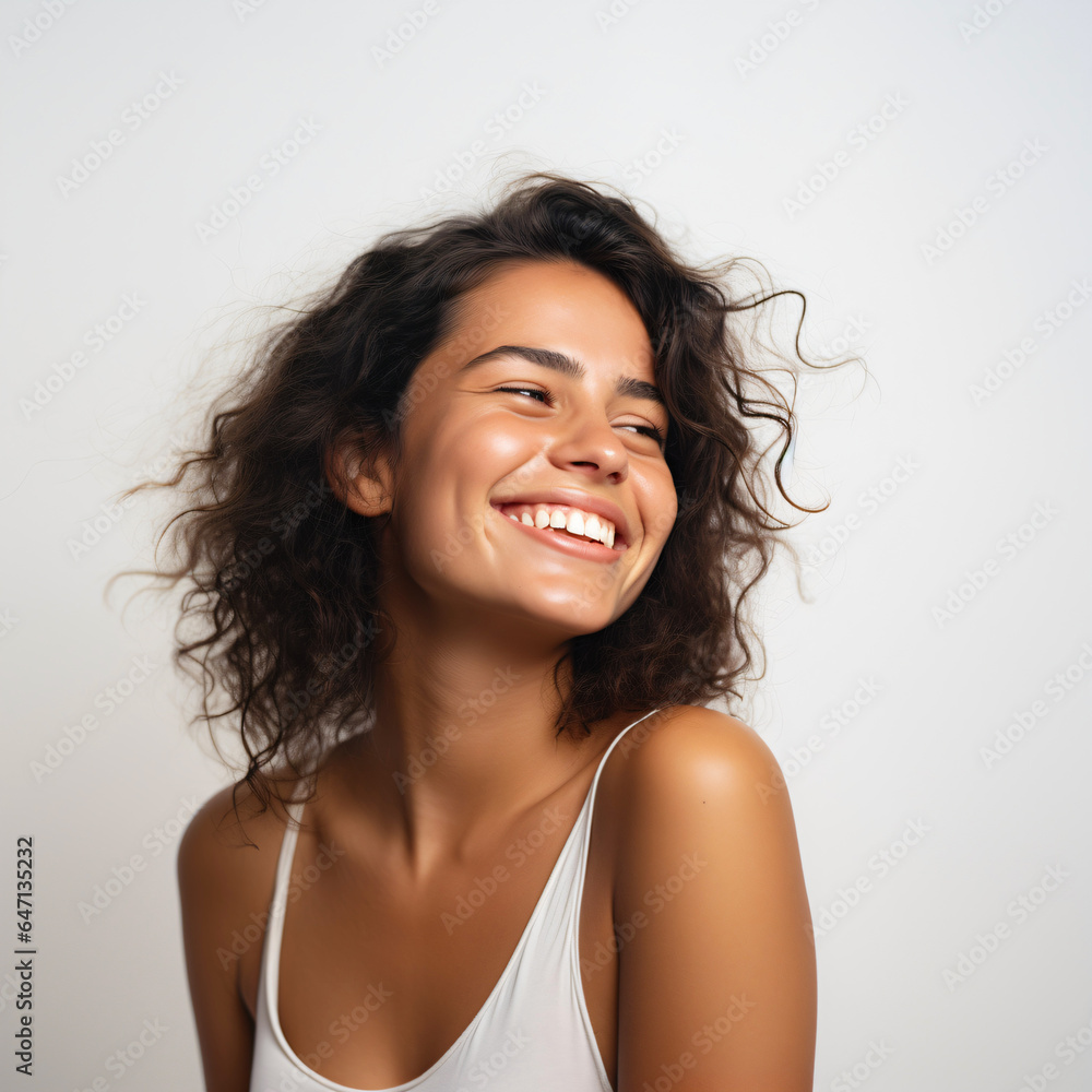 laughing woman with long dark hair in white top isolated on clean background laughing woman with long dark hair in white top isolated on clean background