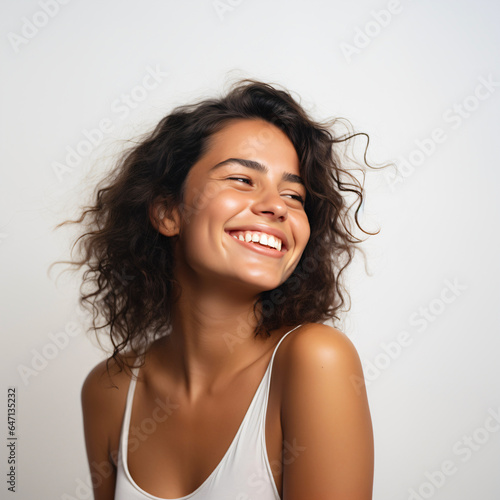 laughing woman with long dark hair in white top isolated on clean background