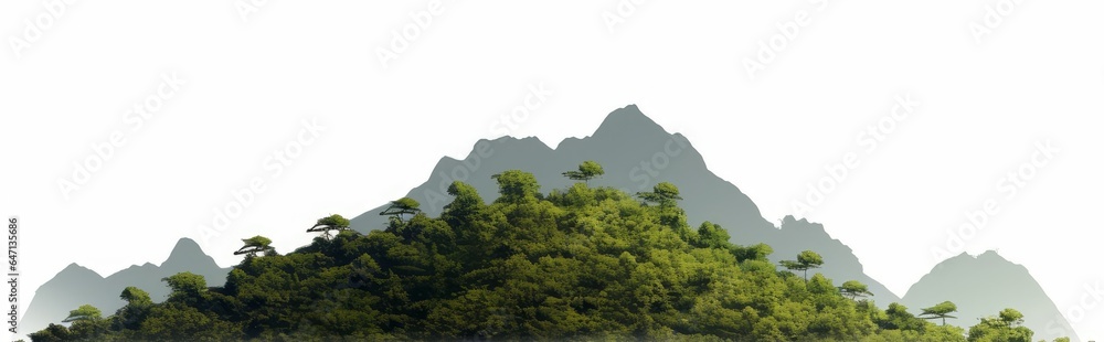 panorama mountain with tree isolate on white background, Generative AI