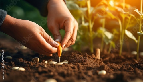 hand planting pumpkin seed in the vegetable garden and light warm. agriculture concept, Generative AI photo