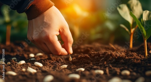 hand planting pumpkin seed in the vegetable garden and light warm. agriculture concept, Generative AI