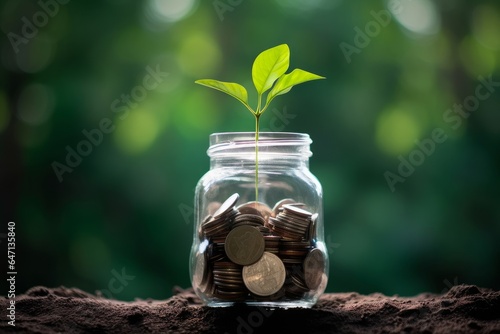 concept idea growing and save money. small tree on money in jug glass, Generative AI