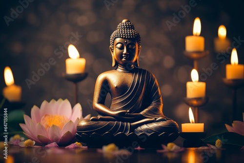 Buddha statue in meditation with lotus flower and burning candles. Meditation, spiritual health, peace, searching zen concept. Generative AI