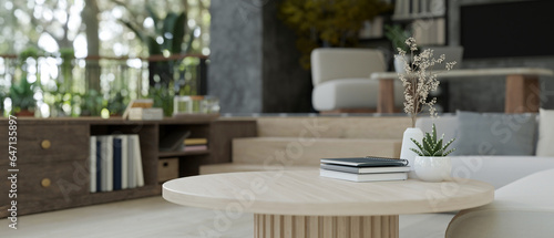 Copy space on a wooden coffee table in a modern contemporary living room. close-up image