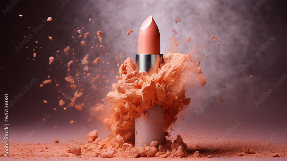 Obraz premium Generative AI, Apricot color lipstick, orange powder splashes and smoke with copy space.
