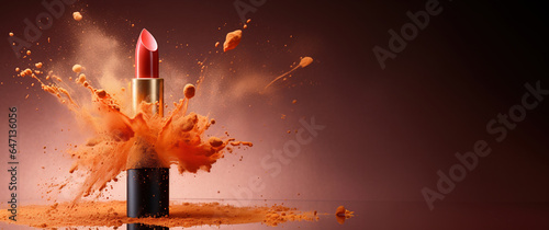 Generative AI, Apricot color lipstick, orange powder splashes and smoke with copy space. © DELstudio