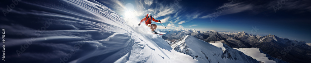 Skier doing stunts and jumps in the snowy landscape in action