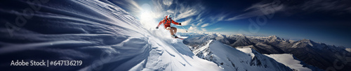 Skier doing stunts and jumps in the snowy landscape in action © overrust