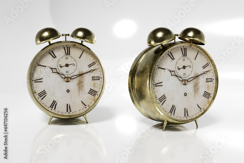 Gold plated retro alarm clock. Old clock realistic 3D render. Roman numeral clock. (ID: 647136256)