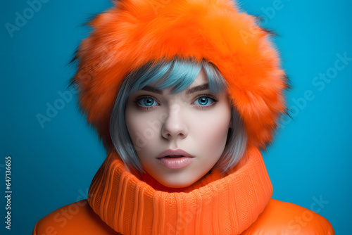 Colorful studio portrait of a young woman wearing cold weather clothes to keep her warm. Autumn or winter outfit. Bold, vibrant and minimalist. Generative AI