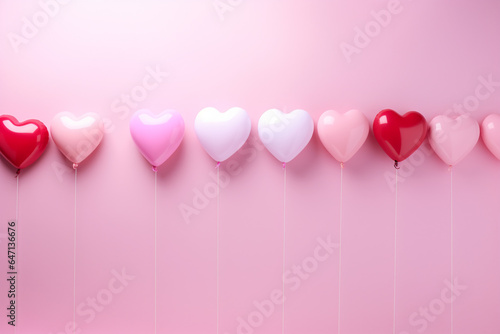 border of heart shape balloons on a pastel pink background for Valentines Day