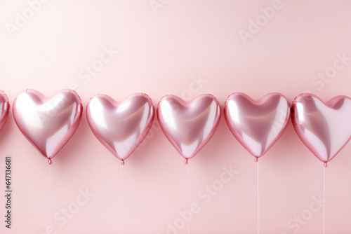 border of heart shape foil balloons on a pastel pink background for Valentines Day