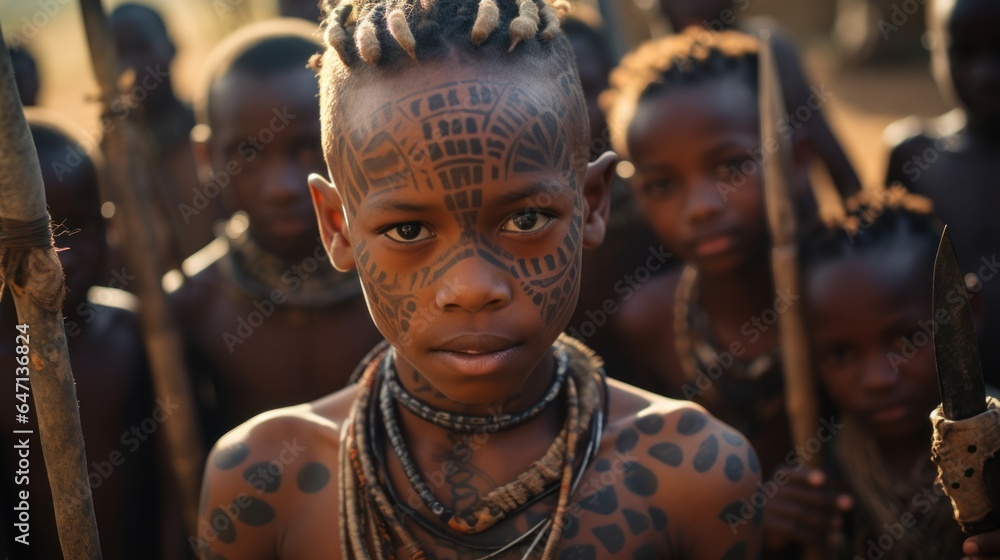 young people and children From an African tribe complete with cultural tattoos, cosmetics, and stone-wood spear weapons. Ethnic groups in Africa