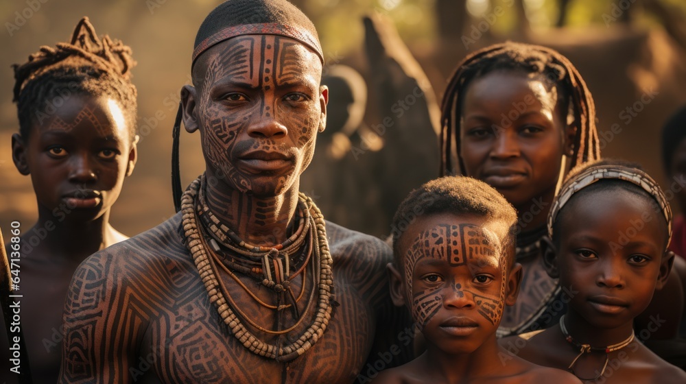 young people and children From an African tribe complete with cultural tattoos, cosmetics, and stone-wood spear weapons. Ethnic groups in Africa young people and children From an African tribe complete with cultural tattoos, cosmetics, and stone-wood spear weapons. Ethnic groups in Africa