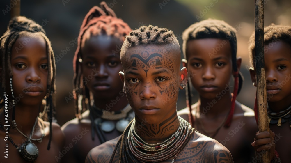 young people and children From an African tribe complete with cultural tattoos, cosmetics, and stone-wood spear weapons. Ethnic groups in Africa