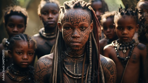 A young people and children From an African tribe complete with cultural tattoos, cosmetics, and stone-wood spear weapons. Ethnic groups in Africa