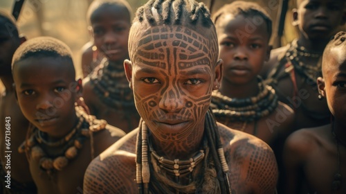 young people and children From an African tribe complete with cultural tattoos, cosmetics, and stone-wood spear weapons. Ethnic groups in Africa