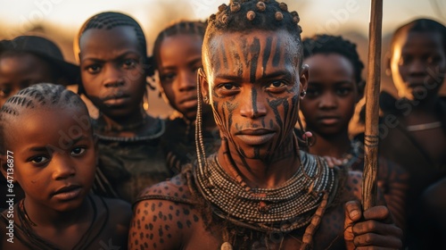 Obraz na plátně young people and children From an African tribe complete with cultural tattoos, cosmetics, and stone-wood spear weapons