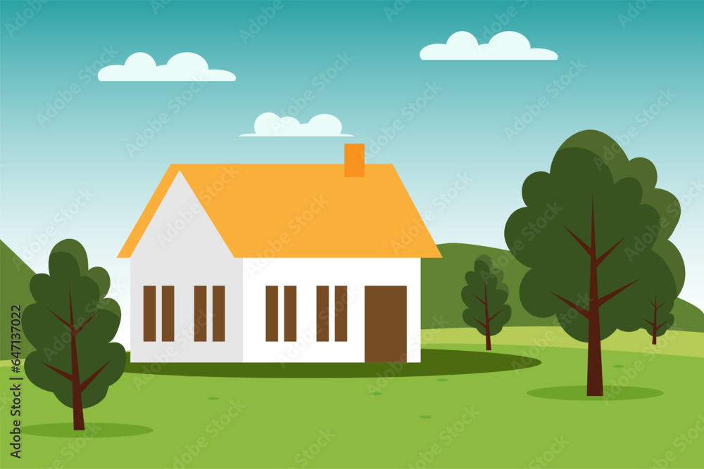 home in hill landscape with trees and green grass vector 