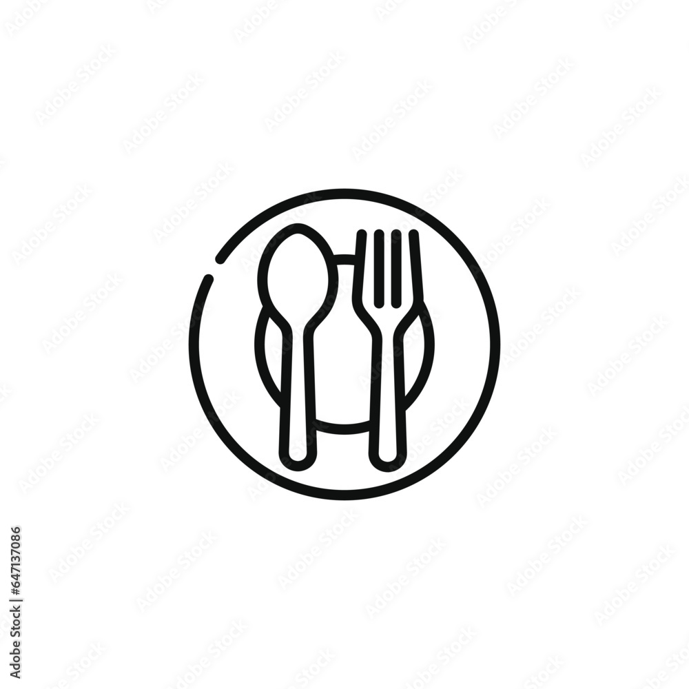 Restaurant line icon isolated on white background. Fork, spoon, and plate icon Restaurant line icon isolated on white background. Fork, spoon, and plate icon