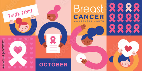 Breast cancer awareness month poster for oncology prevention campaign. Vector illustration in flat style. photo