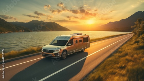 Car with caravan trailer on the highway, lifestyle travel concept