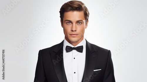 Close-up photo of a handsome young white American groom wearing a black wedding suit and bow tie. white studio