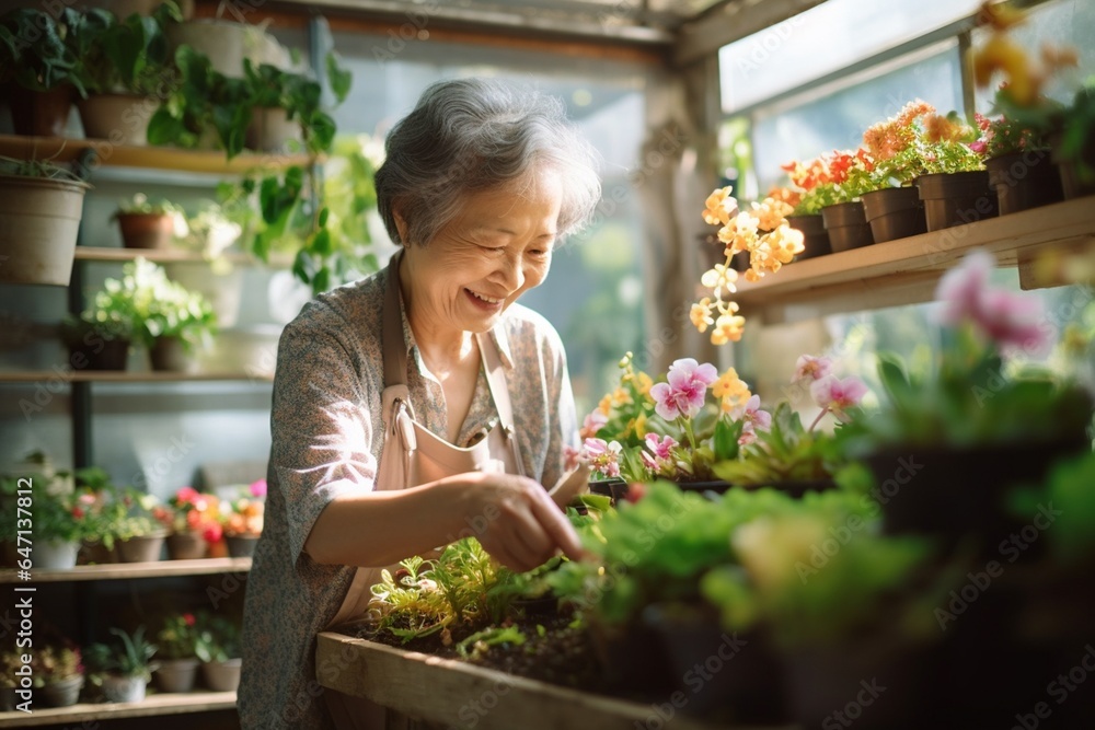 Asian woman planting flowers in a greenhouse Small business owner in a flower shop.