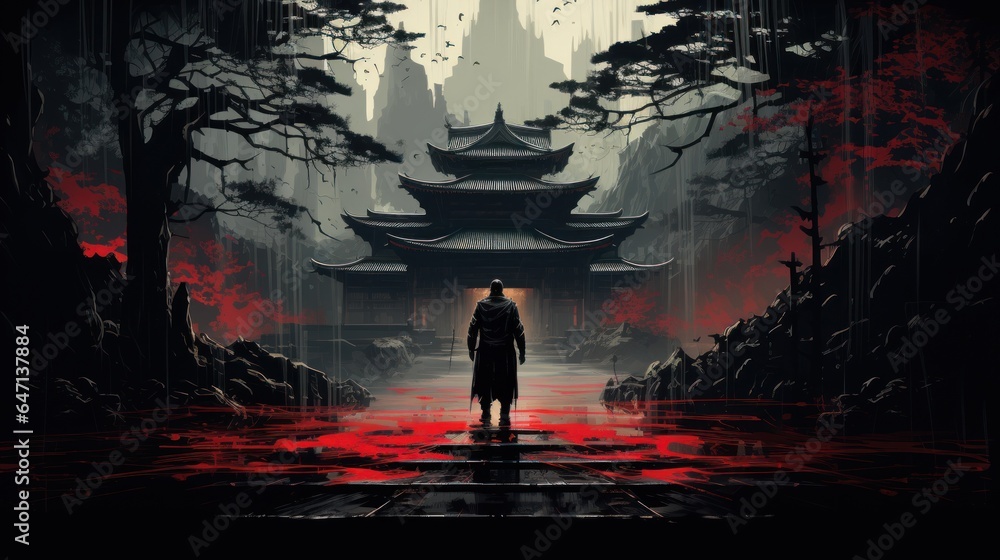 Fototapeta premium A great samurai with a sword stands in front of an old Japanese temple shrine. Rainy day and sky