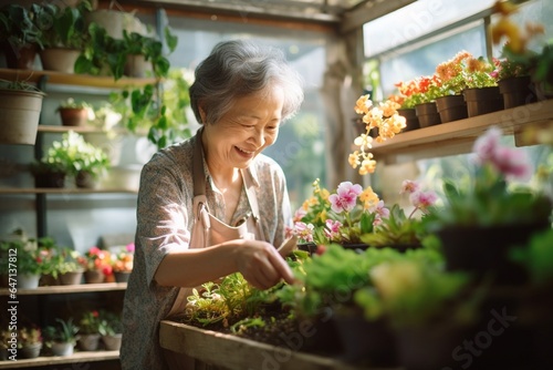 Asian woman planting flowers in a greenhouse Small business owner in a flower shop.