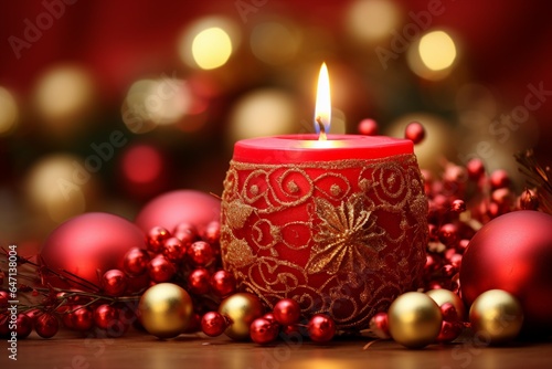 Crimson candle accompanied by Christmas decorations  Indoor Christmas scene with a magical glowing tree  fireplace  and gifts